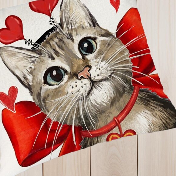 Cat Pillow Cover Valentines Day Decor Heart Decorative Sofa Accent Throw Case - Picture 4 of 5